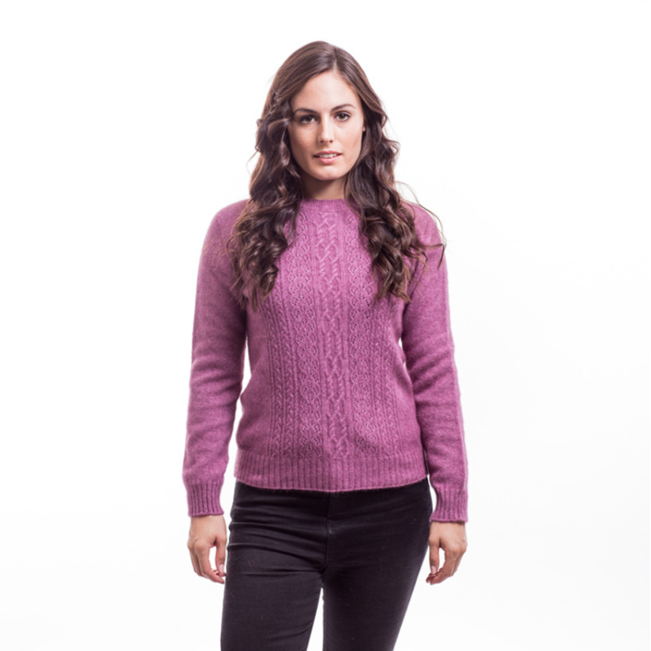 Possum and merino crew neck jersey with lace detail. Pink