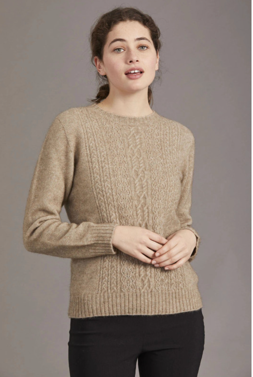 Possum and merino crew neck jersey with lace detail. Mocha