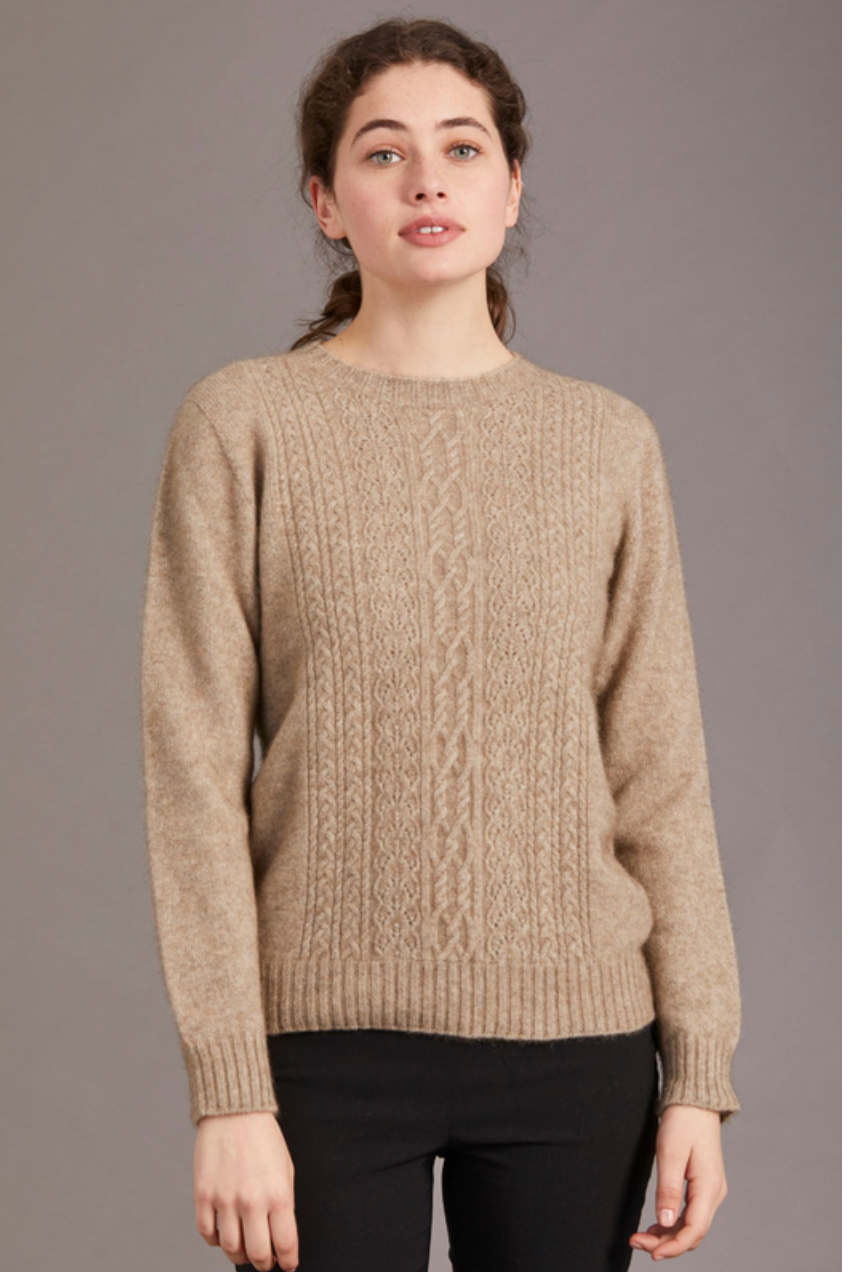 Possum and merino crew neck jersey with lace detail. Mocha