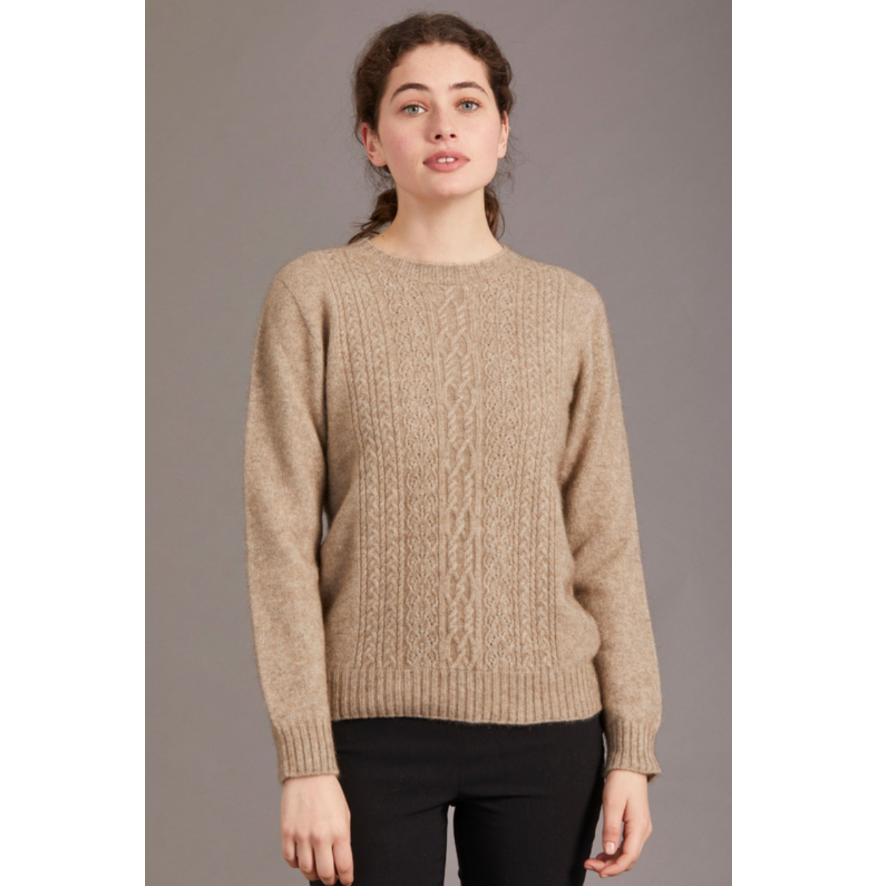 Possum and merino crew neck jersey with lace detail. Mocha