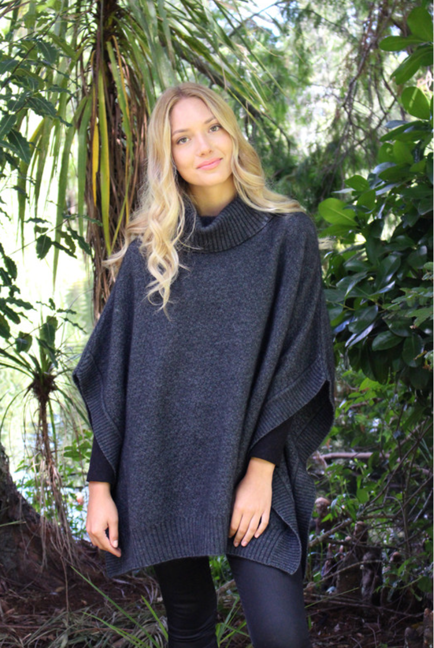 Lothlorian - Merino & Possum Lush Cowl Neck Poncho (9768)Charcoal
