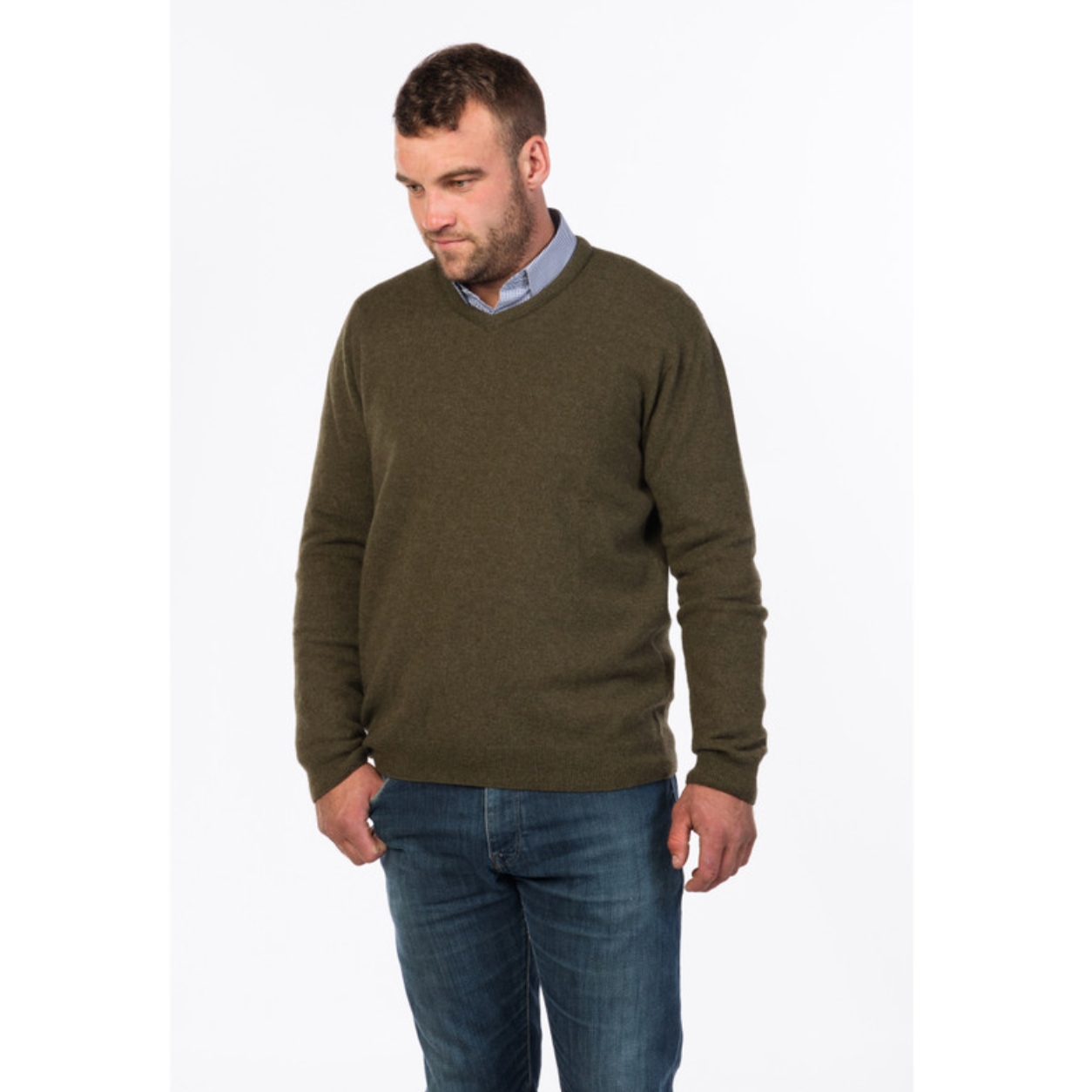 Native World - Merino & Possum Men's Vee Neck Sweater (NB121)Fern