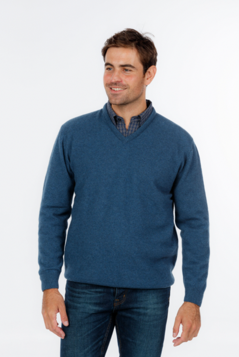 Native World - Merino & Possum Men's Vee Neck Sweater (NB121)Marine