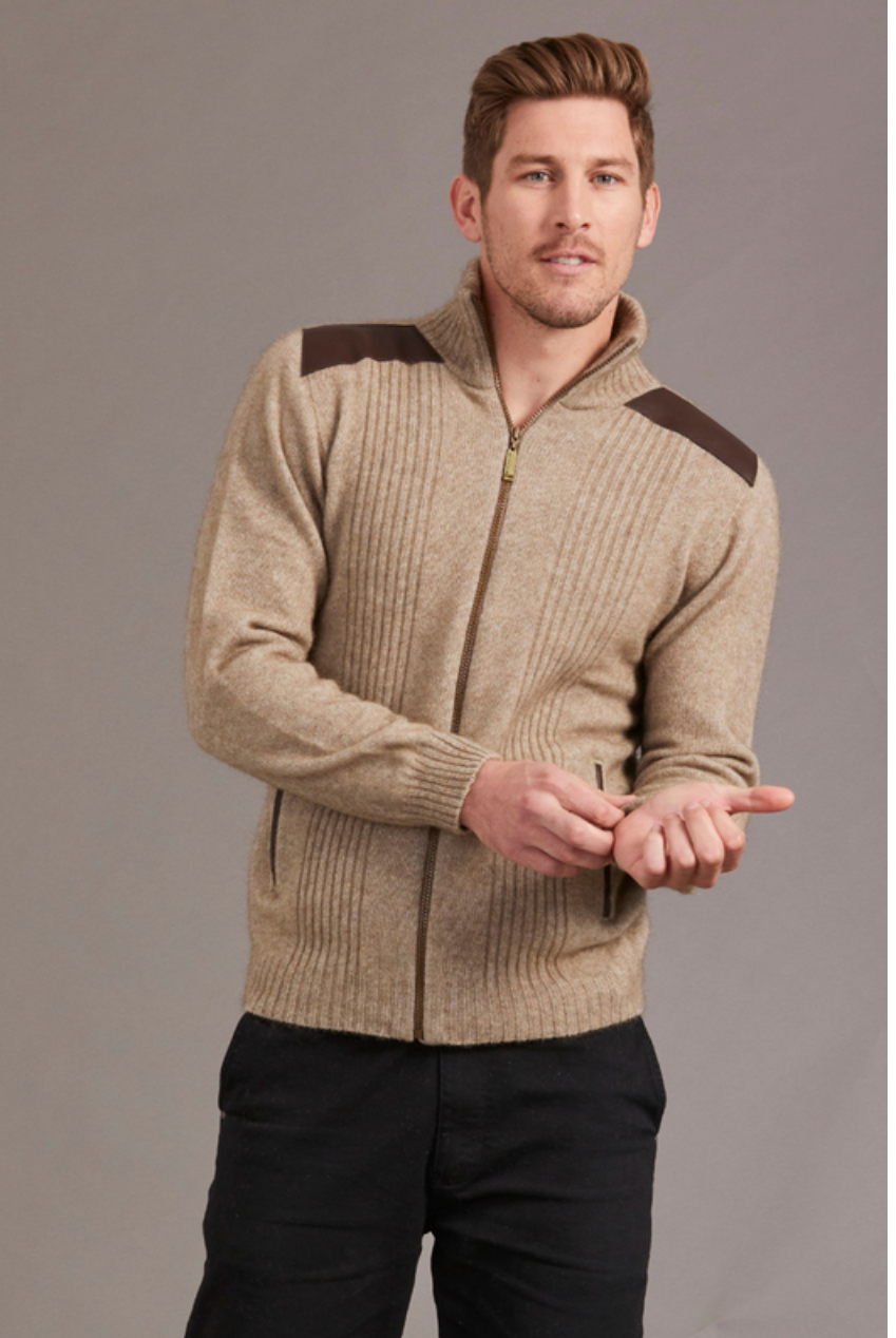 McDonald - Possum & Merino Zip Jacket with Lambskin Leather Trim-Mocha