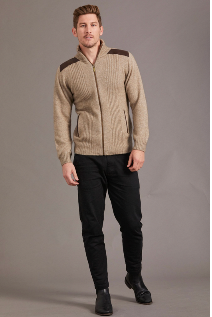 McDonald - Possum & Merino Zip Jacket with Lambskin Leather Trim-Mocha