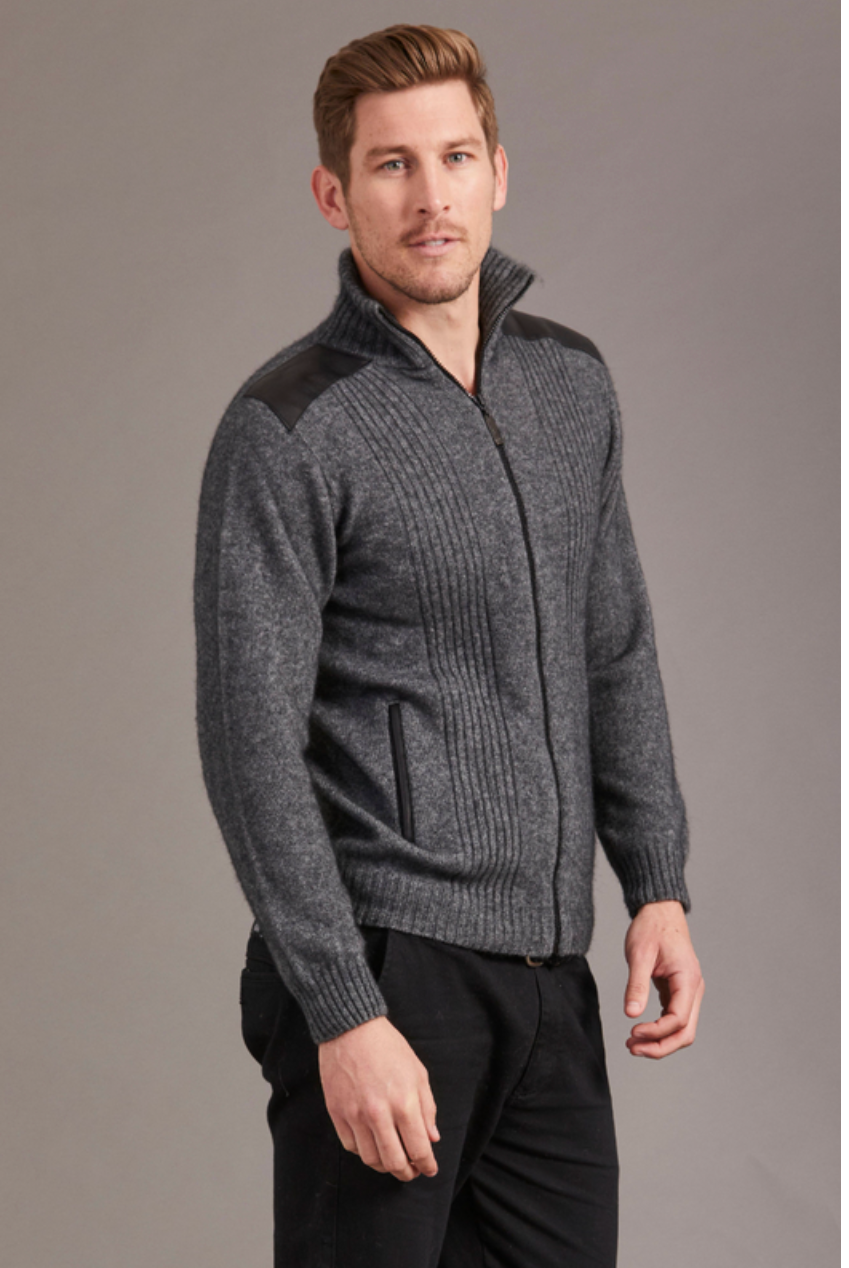 McDonald - Possum & Merino Zip Jacket with Lambskin Leather Trim-Pewter