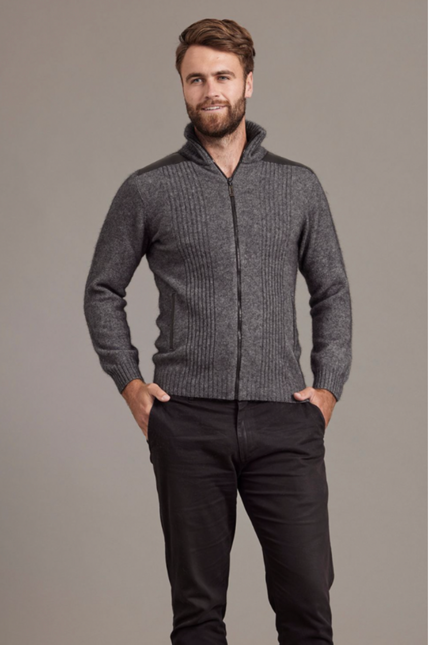 McDonald - Possum & Merino Zip Jacket with Lambskin Leather Trim-Pewter