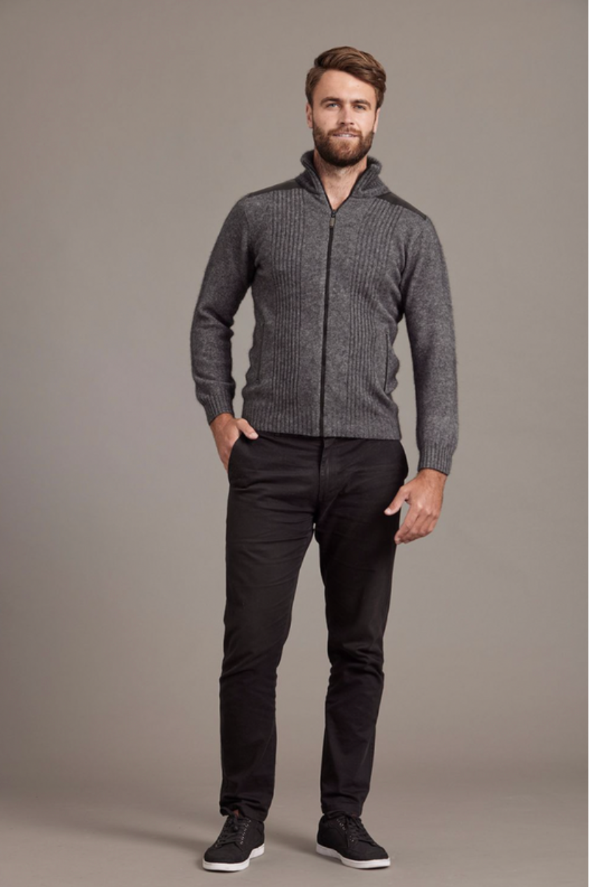 McDonald - Possum & Merino Zip Jacket with Lambskin Leather Trim-Pewter