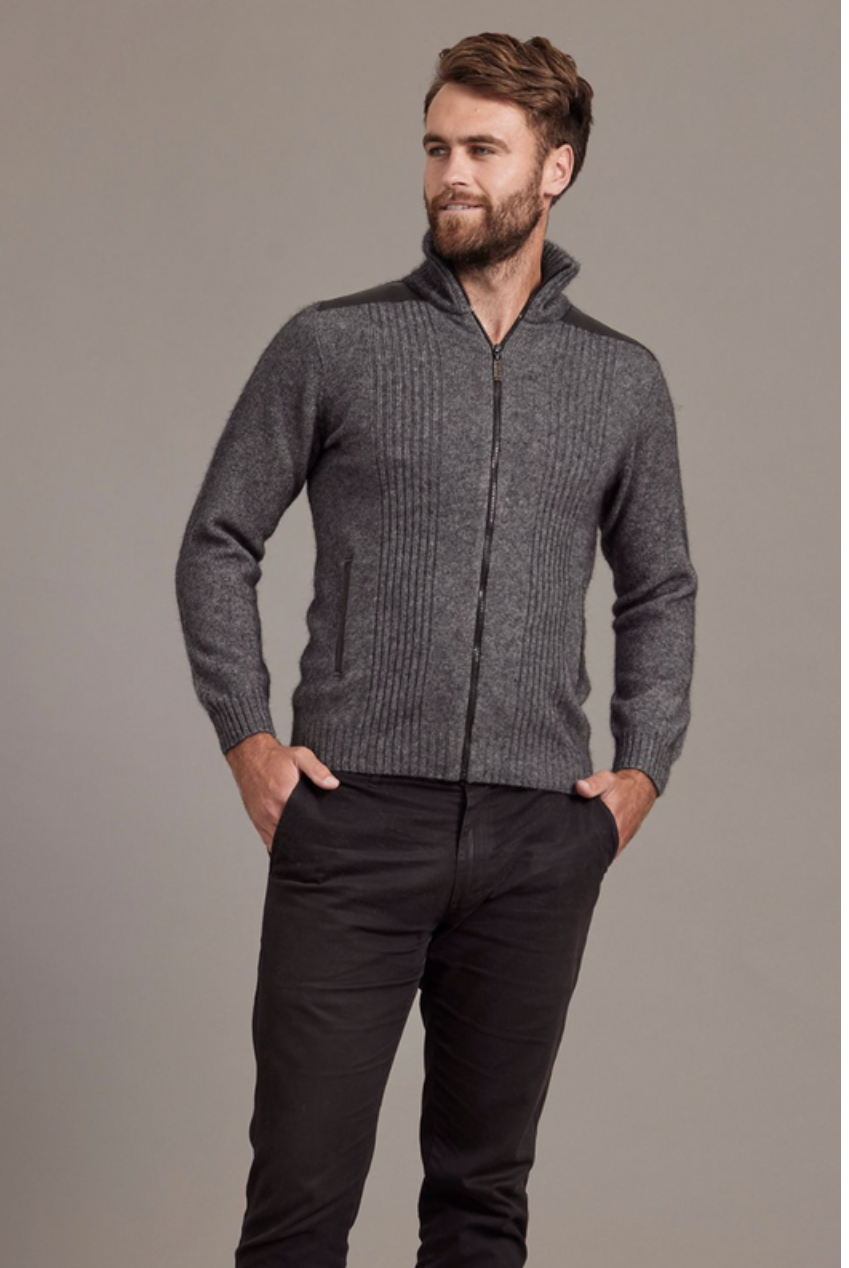 McDonald - Possum & Merino Zip Jacket with Lambskin Leather Trim-Pewter