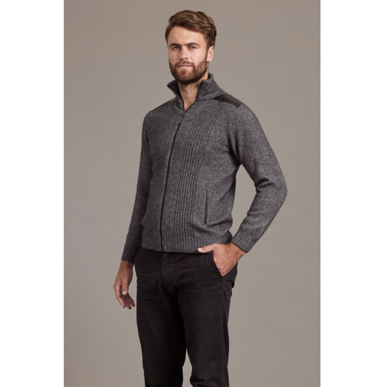 McDonald - Possum & Merino Zip Jacket with Lambskin Leather Trim-Pewter