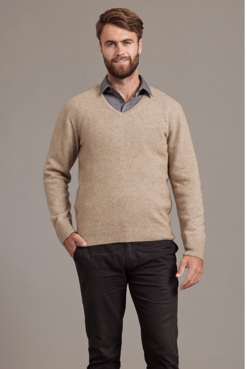 McDonald - Possum & Merino Rack Stitch V Neck Jersey (6601)-Mocha