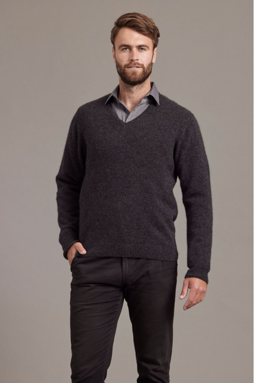 McDonald - Possum & Merino Rack Stitch V Neck Jersey (6601)-Charcoal