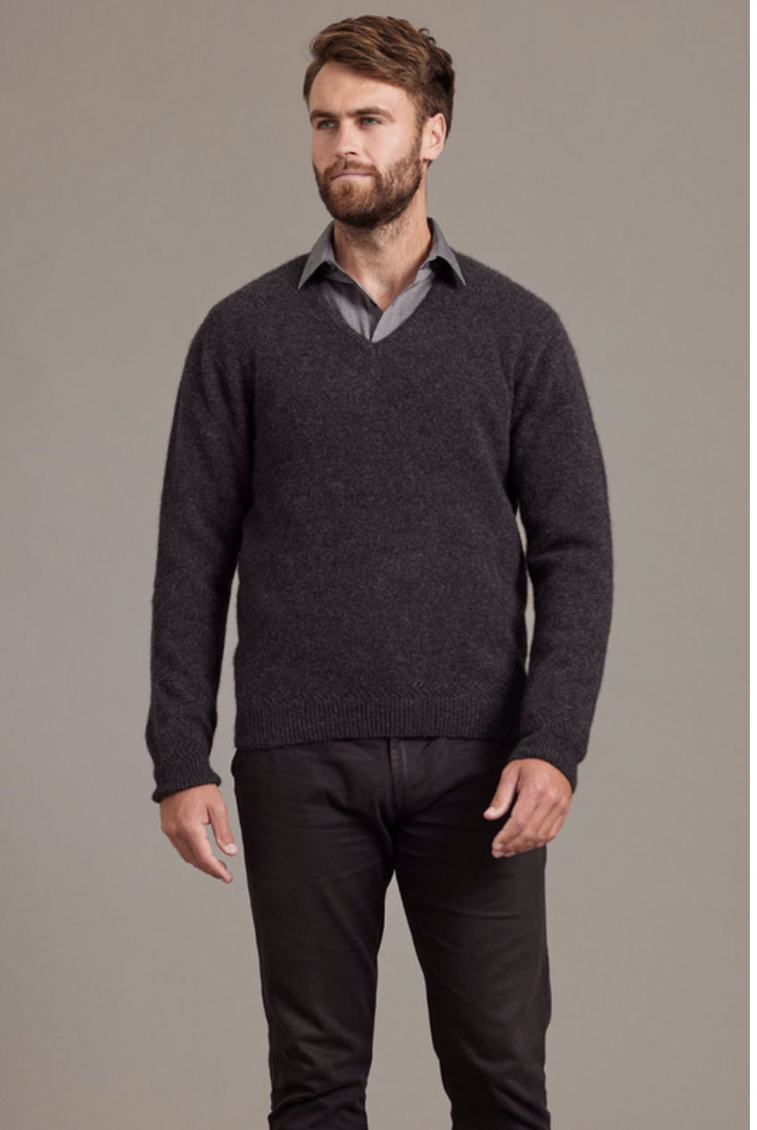 McDonald - Possum & Merino Rack Stitch V Neck Jersey (6601)-Charcoal