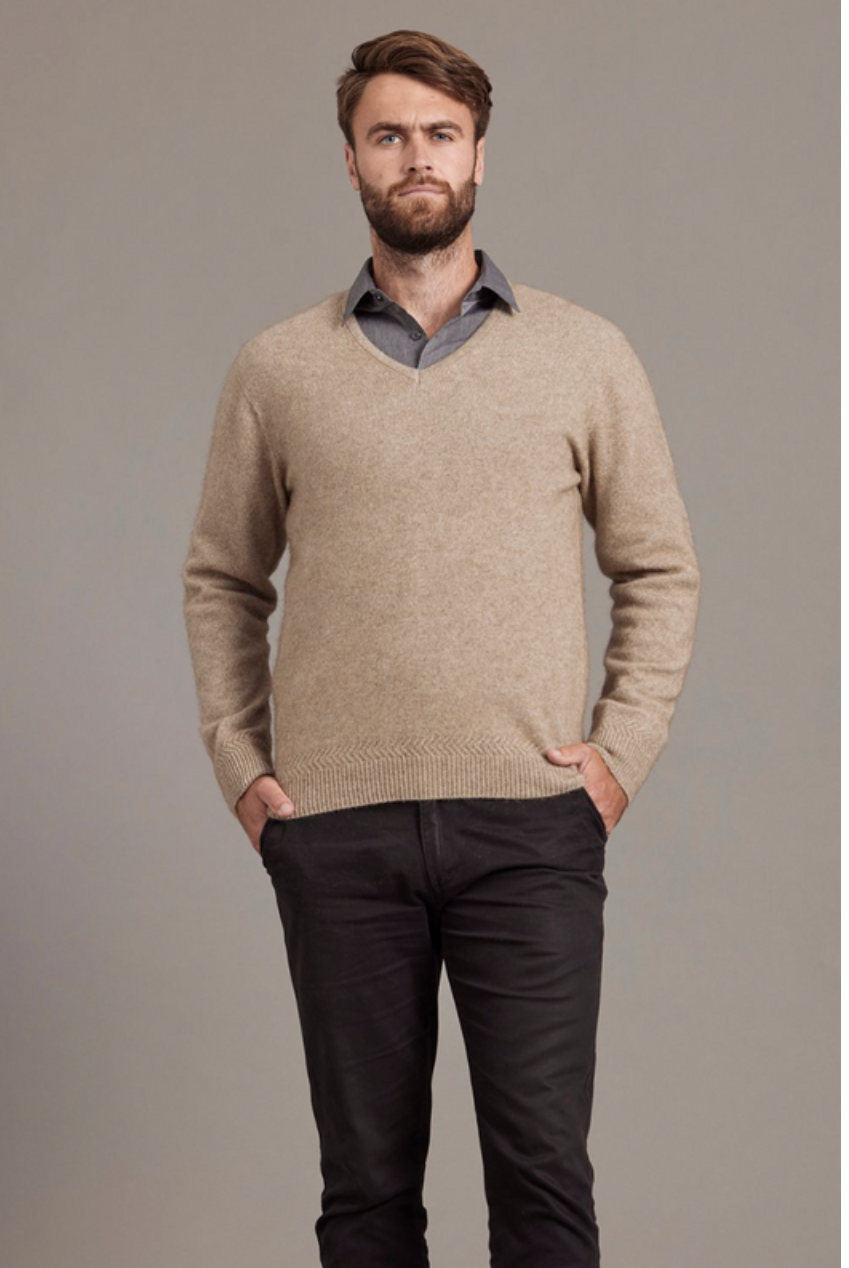 McDonald - Possum & Merino Rack Stitch V Neck Jersey (6601)-Mocha