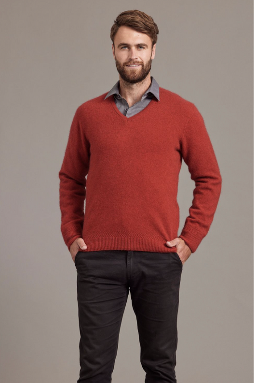McDonald - Possum & Merino Rack Stitch V Neck Jersey (6601)-Red