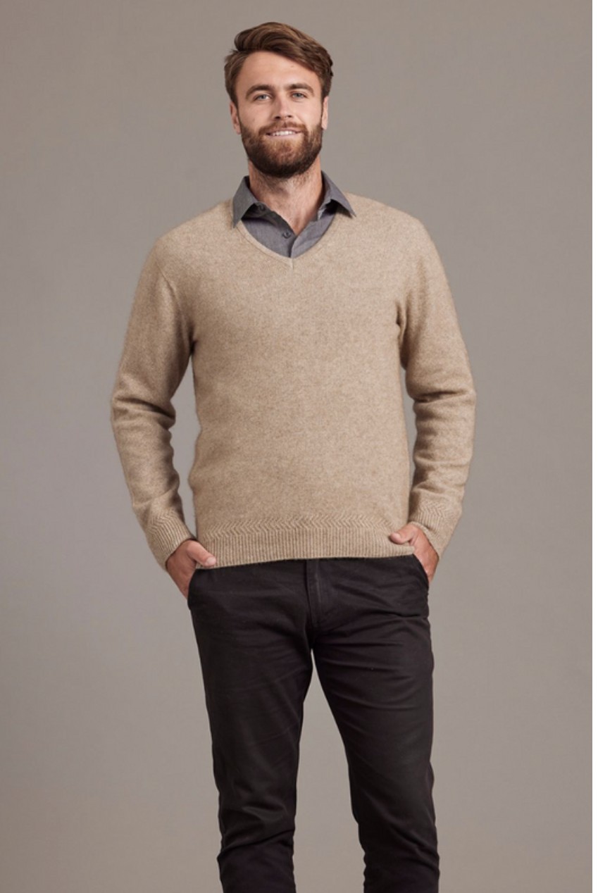 McDonald - Possum & Merino Rack Stitch V Neck Jersey (6601)-Mocha