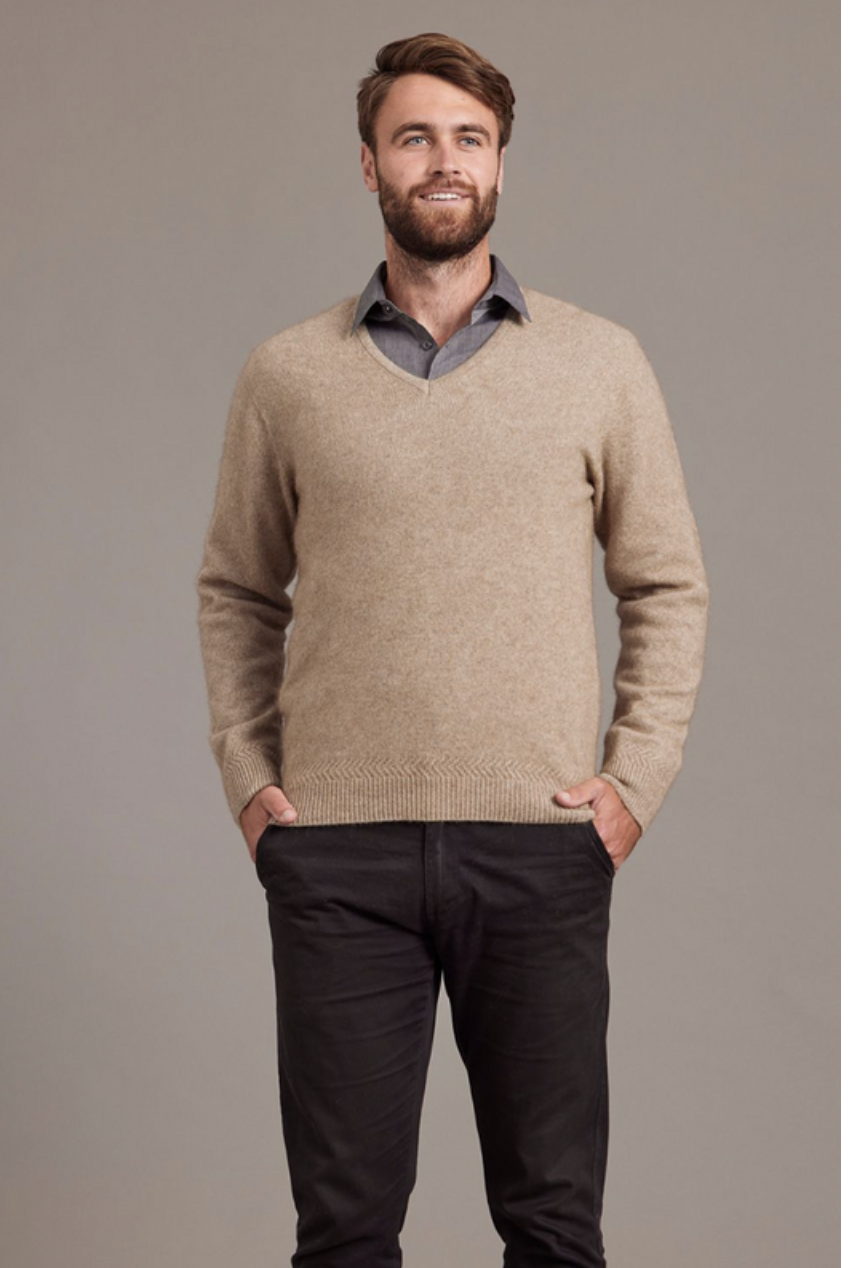 McDonald - Possum & Merino Rack Stitch V Neck Jersey (6601)-Mocha
