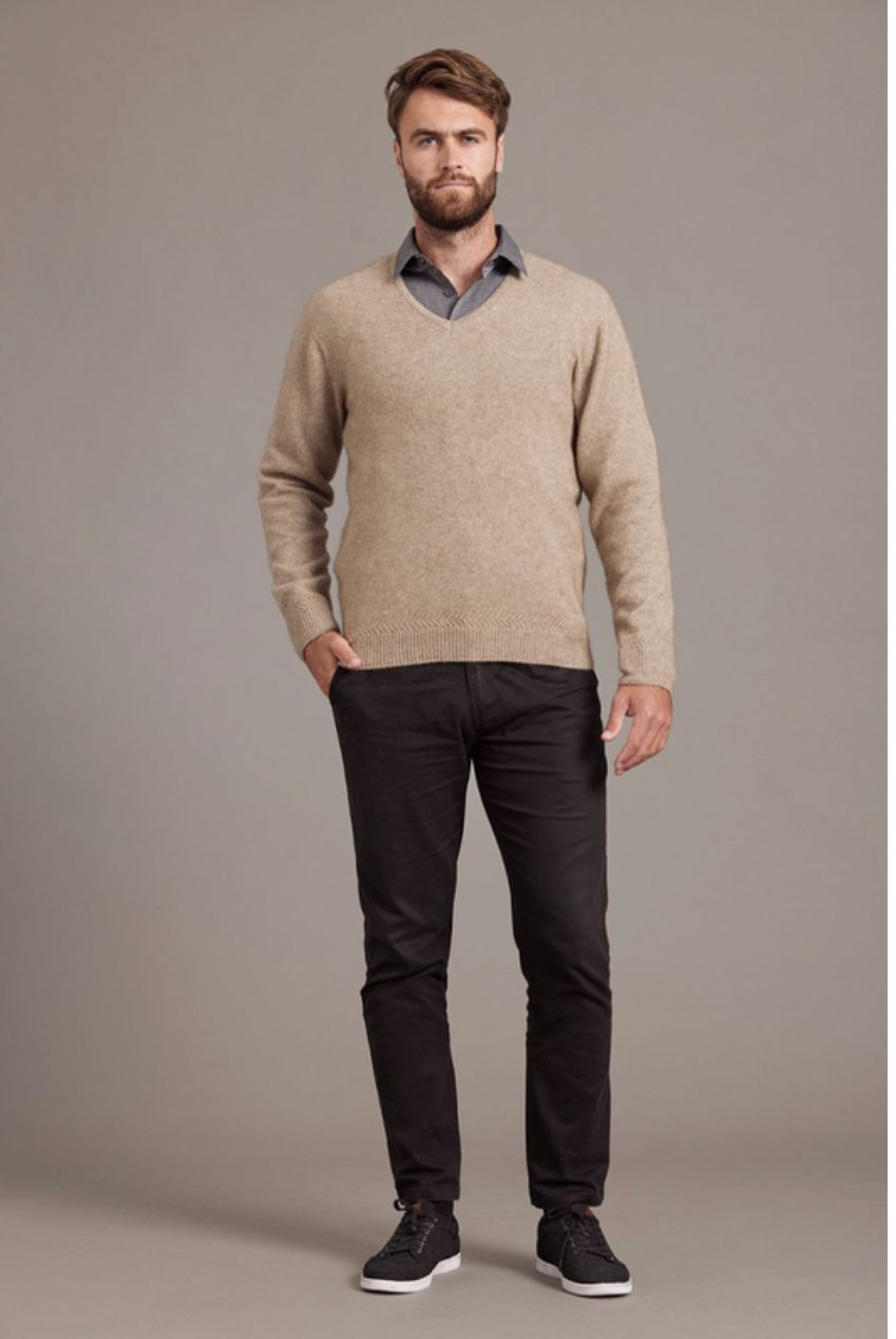 McDonald - Possum & Merino Rack Stitch V Neck Jersey (6601)-Mocha