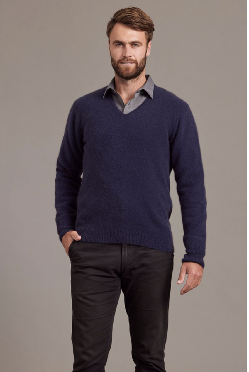 McDonald - Possum & Merino Rack Stitch V Neck Jersey (6601)-Navy