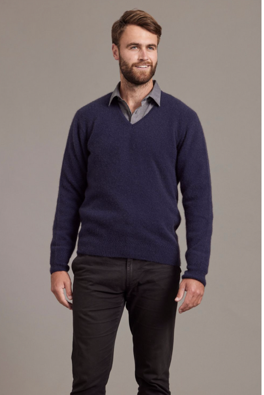 McDonald - Possum & Merino Rack Stitch V Neck Jersey (6601)-Navy