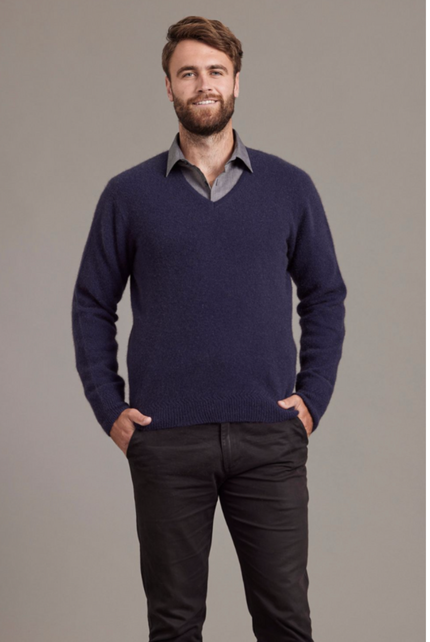 McDonald - Possum & Merino Rack Stitch V Neck Jersey (6601)-Navy
