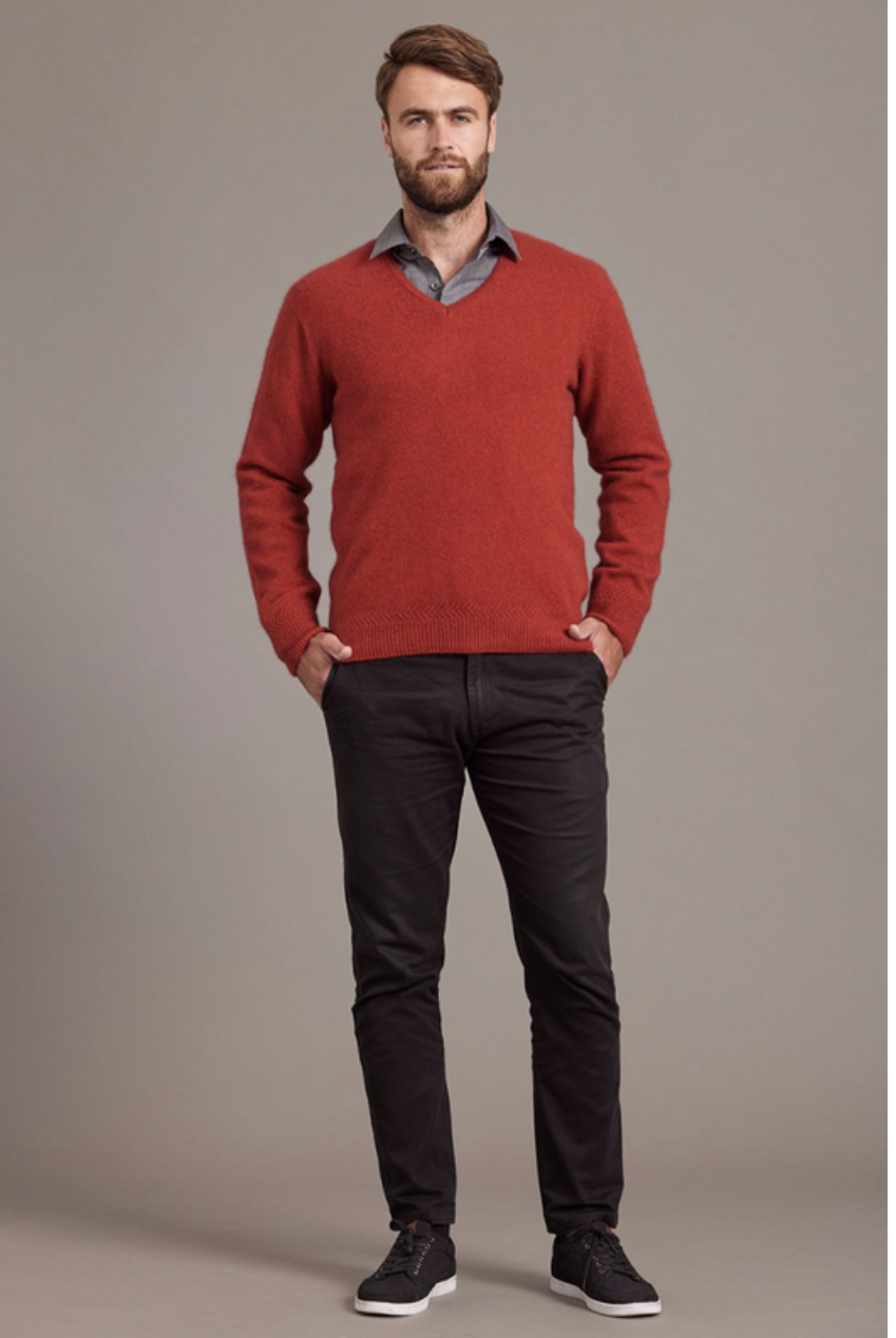 McDonald - Possum & Merino Rack Stitch V Neck Jersey (6601)-Red