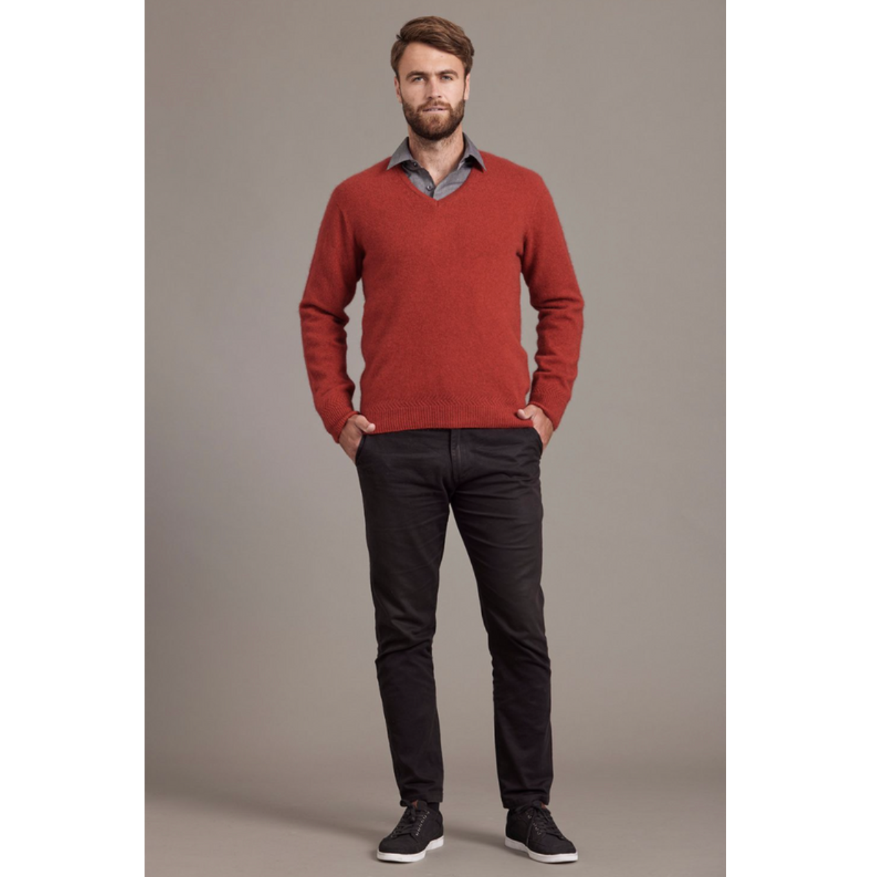 McDonald - Possum & Merino Rack Stitch V Neck Jersey (6601)-Red