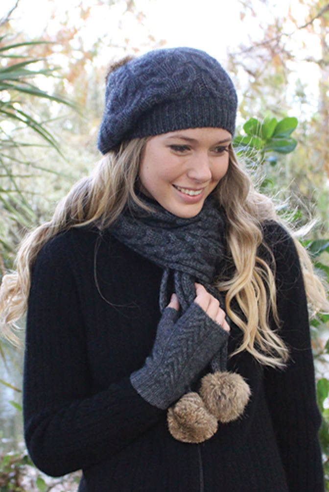 Charcoal - Lothlorian - Cable Scarf with Rabbit Fur Pompoms (9873)