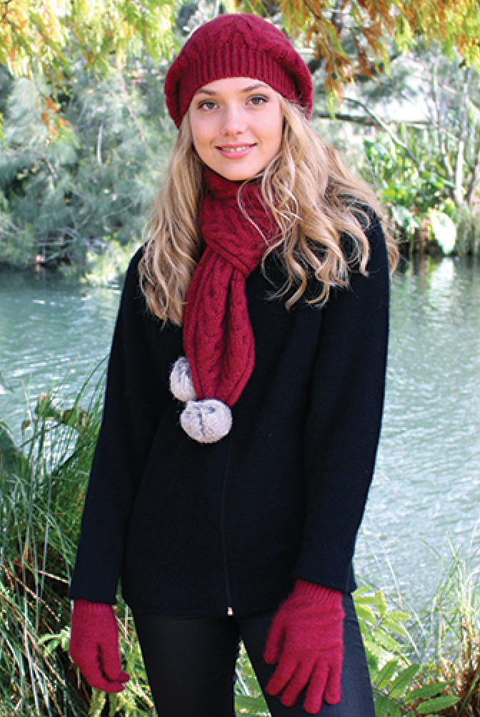 Raspberry - Lothlorian - Cable Scarf with Rabbit Fur Pompoms (9873)