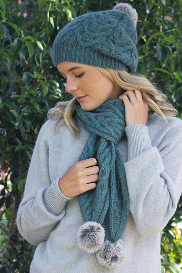 Sage-Lothlorian - Cable Scarf with Rabbit Fur Pompoms (9873)