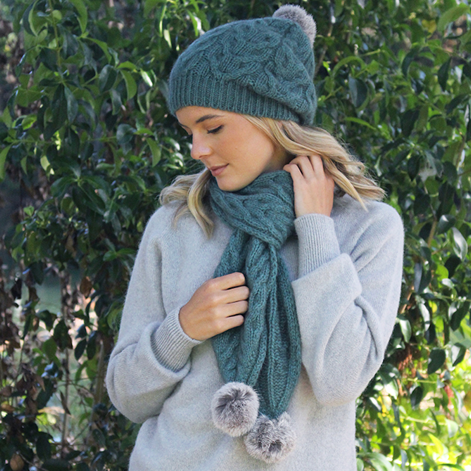 Sage-Lothlorian - Cable Scarf with Rabbit Fur Pompoms (9873)