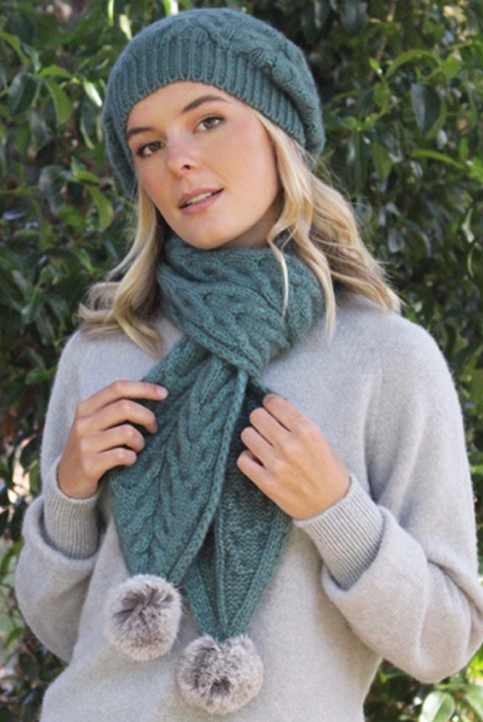 Lothlorian - Rabbit Fur Pompom Accessory Set (Beanie & Scarf) (9872+9873)Sage