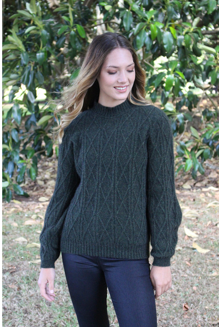 Lothlorian - Merino & Possum Cable Bell Sleeve Jumper (9778)Moss