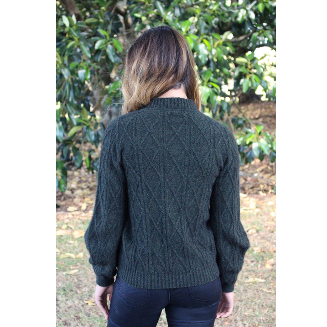 Lothlorian - Merino & Possum Cable Bell Sleeve Jumper (9778)Moss