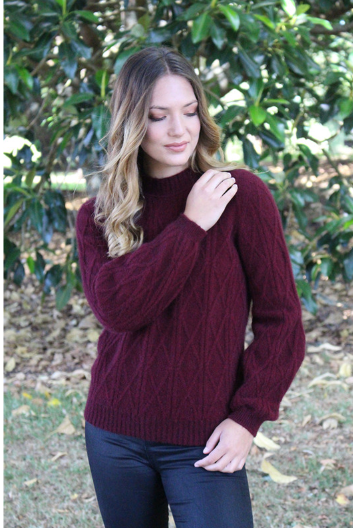 Lothlorian - Merino & Possum Cable Bell Sleeve Jumper (9778)Pinot