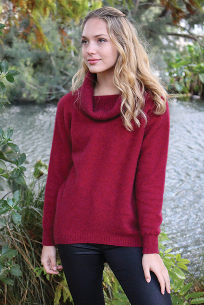 Lothlorian Merino - Possum Curved Hem Cowl Neck Jumper (9843)Raspberry