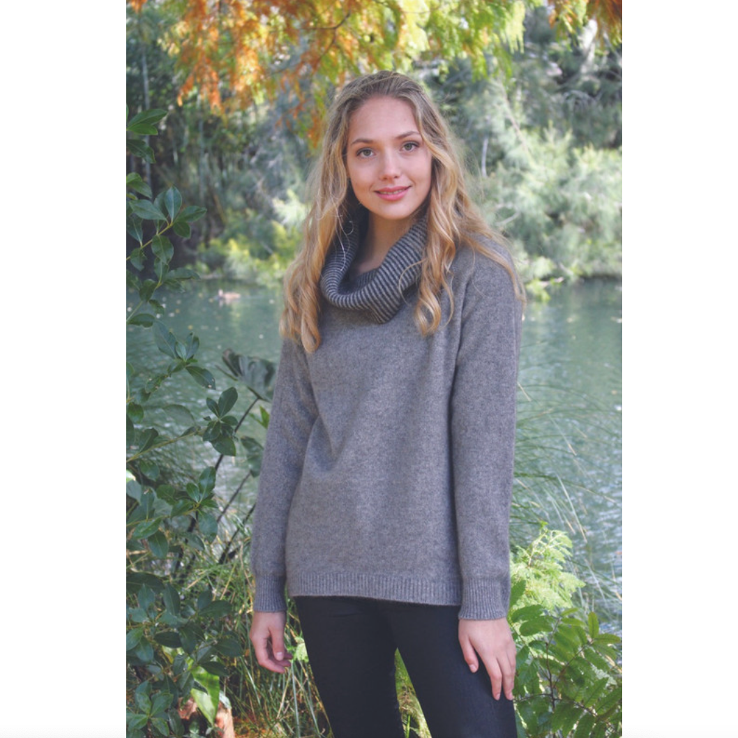 Lothlorian Merino - Possum Curved Hem Cowl Neck Jumper (9843)Silver