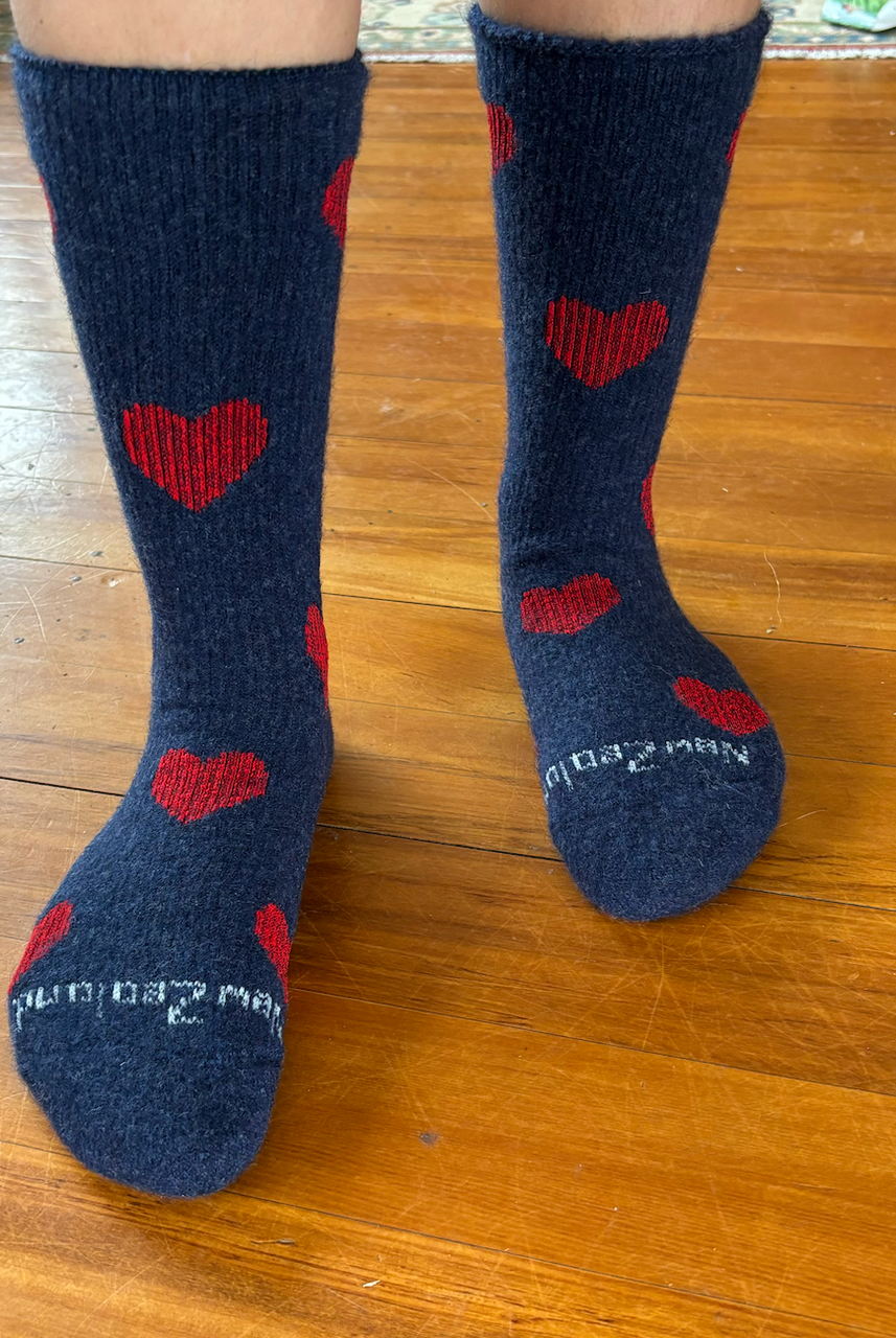 NZ Sock Co - Merino Possum Comfort Hearts (FT107)Denim/Red