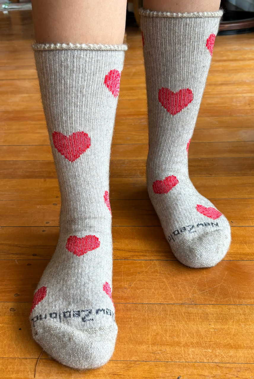 NZ Sock Co - Merino Possum Comfort Hearts (FT107)Natural/Red