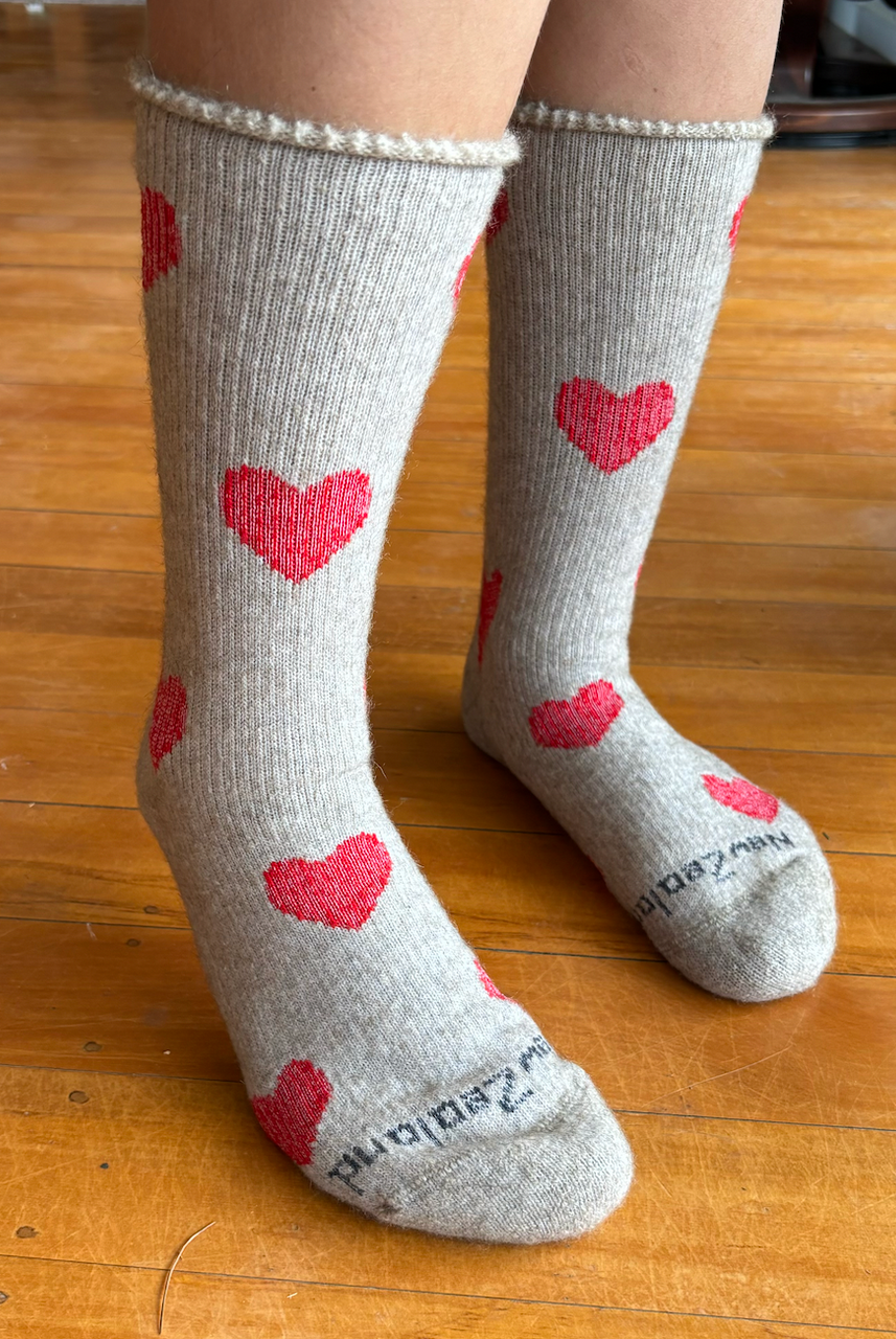 NZ Sock Co - Merino Possum Comfort Hearts (FT107)Natural/Red