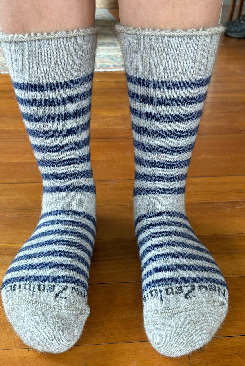 NZ Sock Co - Merino Possum Stripe Sock (FT105)Natural/Denim