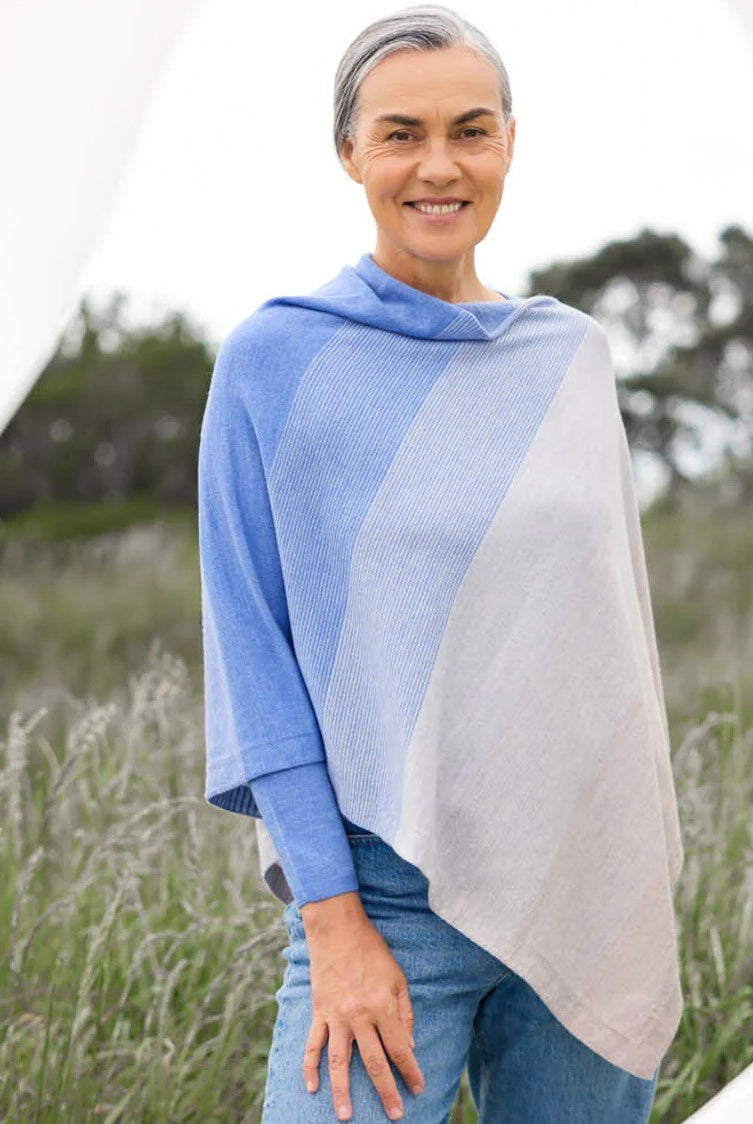 Royal Merino - 100% Merino Graduated Stripe Poncho (RM2341) Chambray