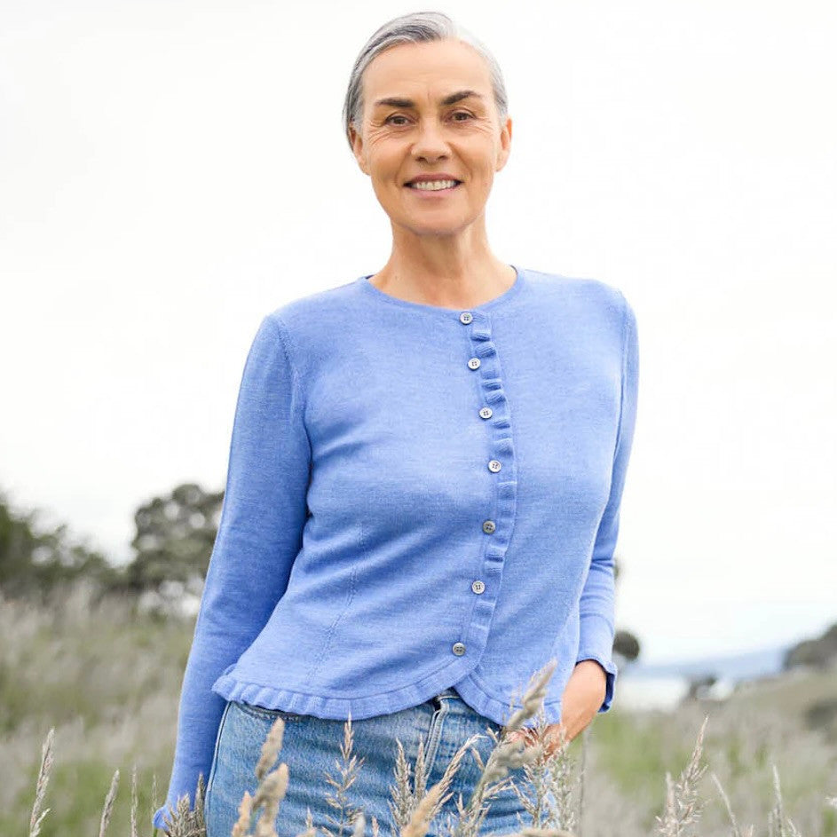 Woman wearing Royal Merino - Frill Trim Cardigan (RM2396) in the colour Cornflower.