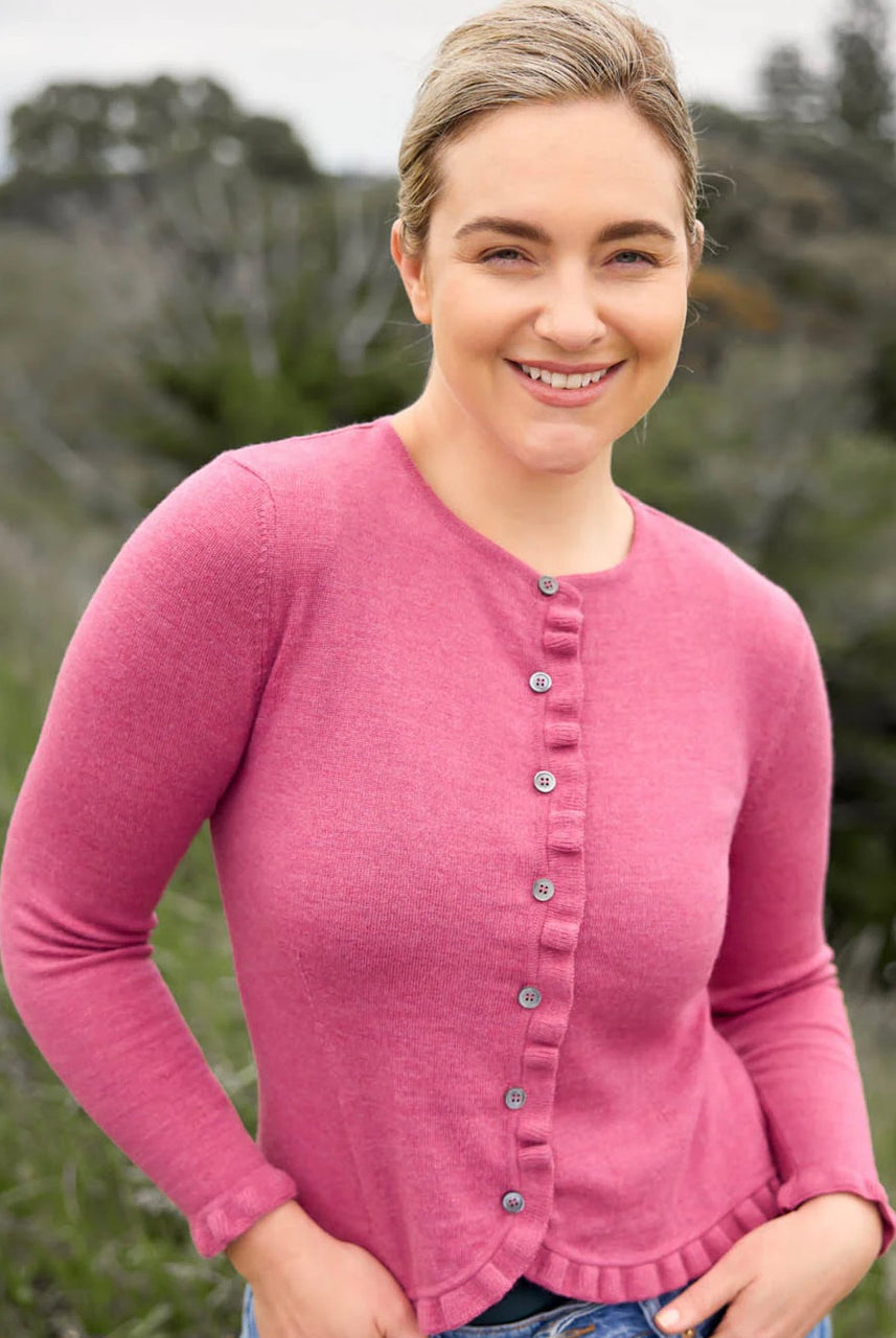 Woman wearing Royal Merino - Frill Trim Cardigan (RM2396) in the colour Azalea.