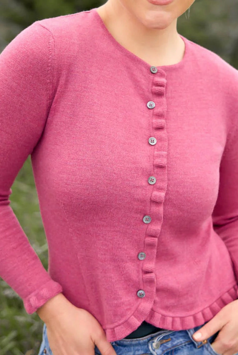 Woman wearing Royal Merino - Frill Trim Cardigan (RM2396) in the colour Azalea.