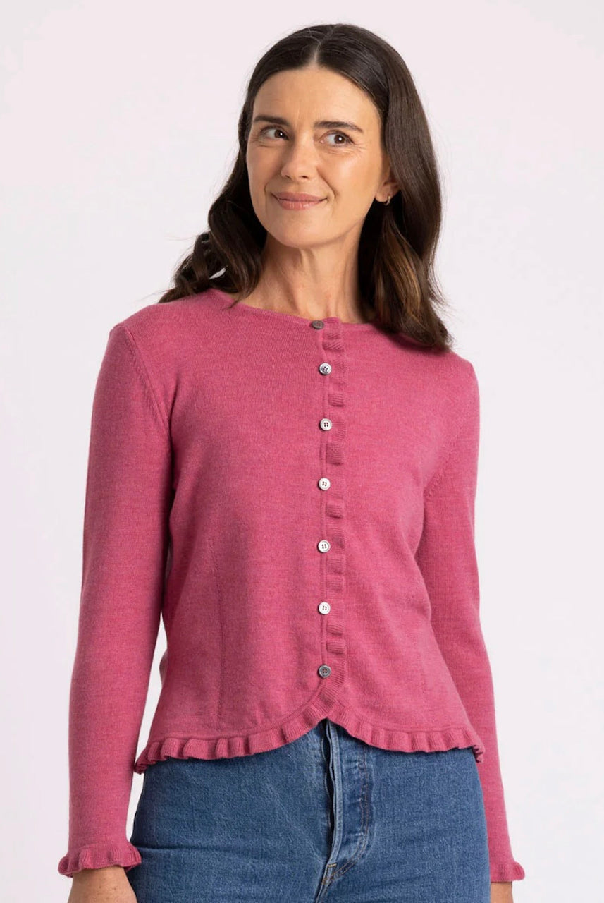 Woman wearing Royal Merino - Frill Trim Cardigan (RM2396) in the colour Azalea.