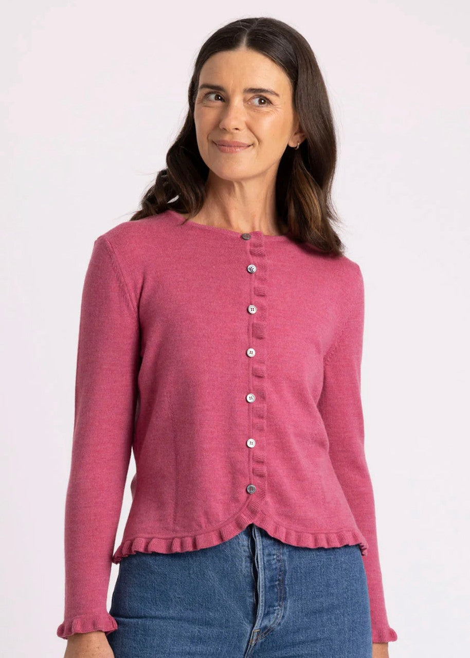 Woman wearing Royal Merino - Frill Trim Cardigan (RM2396) in the colour Azalea.