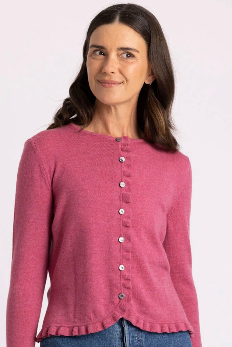 Woman wearing Royal Merino - Frill Trim Cardigan (RM2396) in the colour Azalea.