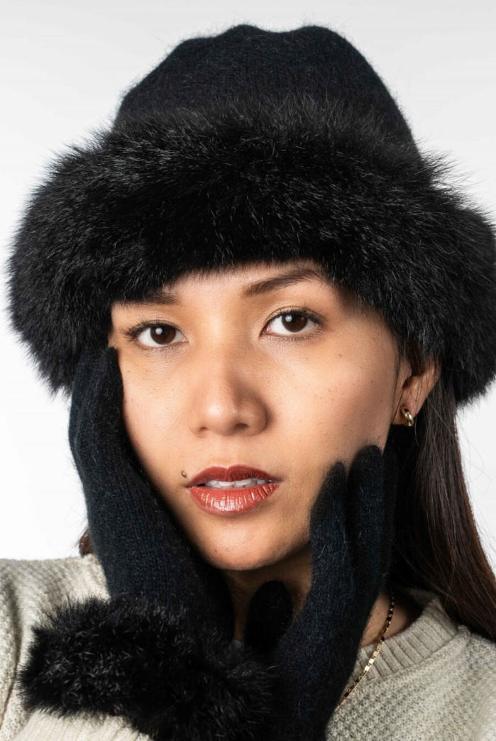 Koru Merino - Possum Fur Trim Beanie (KO200)Black/Black