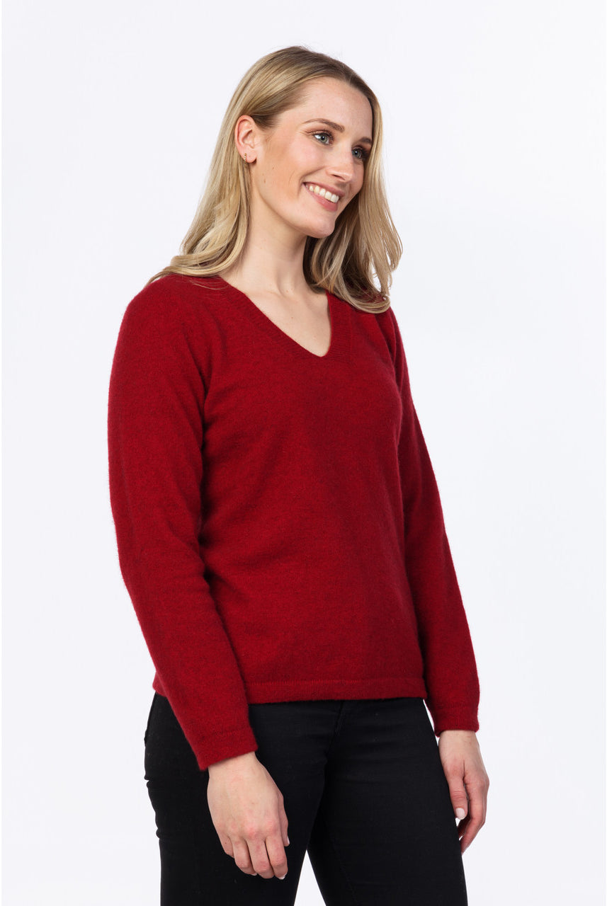 Native World - Merino & Possum Vee Plain Sweater (NB396)Berry